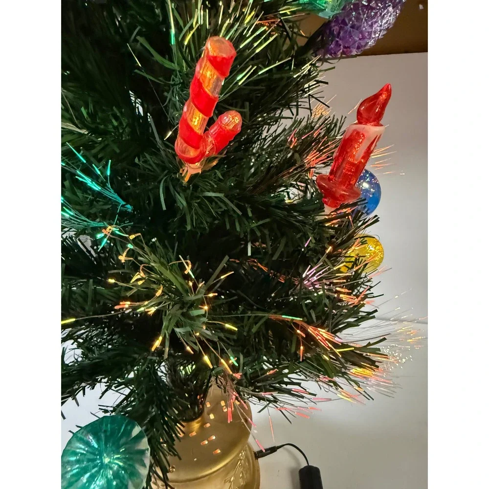 Vintage Fiber Optic Tabletop Christmas Tree Gold Base Ornaments Star 18 Inch